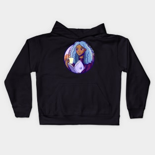 Cute black girl reading and drinking tea Kids Hoodie